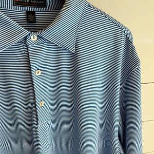 Peter Millar Men’s Summer Comfort Striped Blue and White Polo Size Large